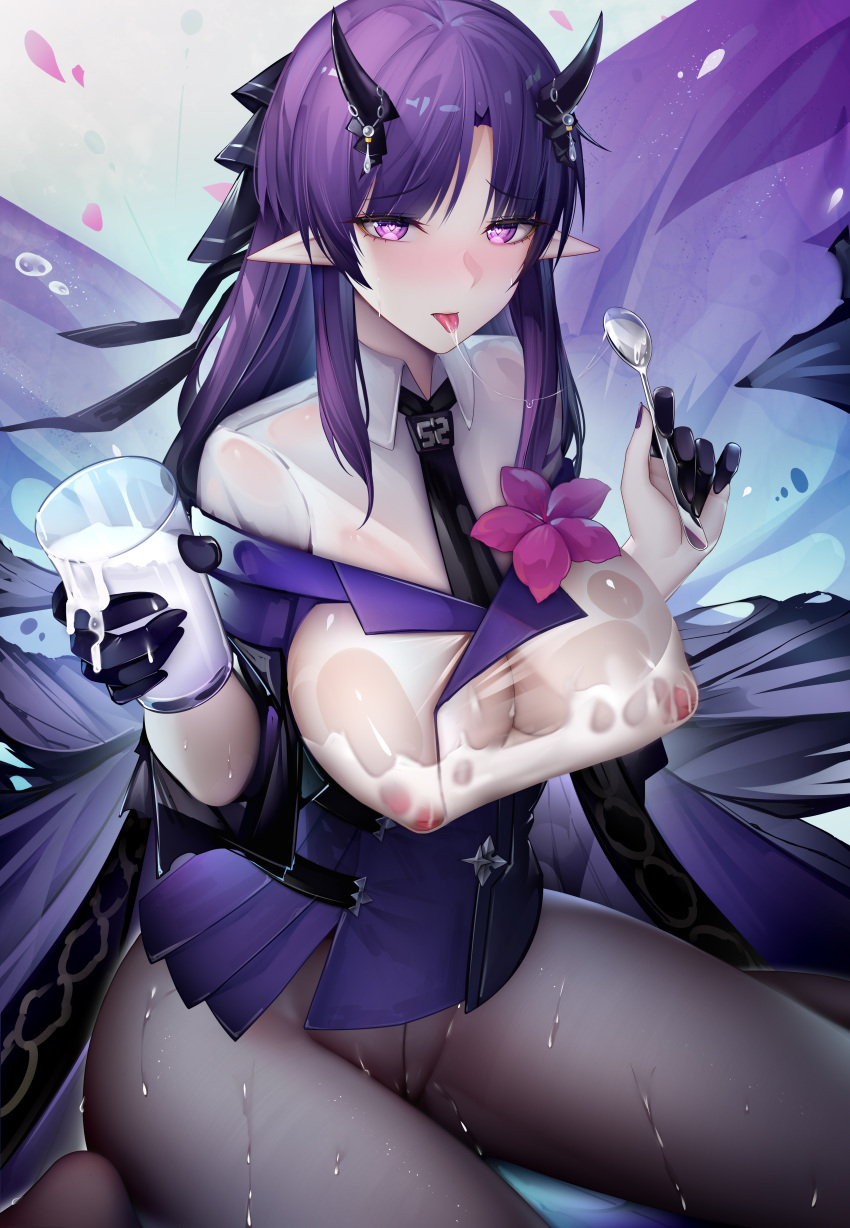 1girls arknights big_breasts big_thighs binggong_asylum black_legwear breasts busty cup female hibiscus_(arknights) huge_breasts huge_thighs large_breasts large_thighs legwear pantyhose purple_eyes purple_hair spoon thick_thighs thighs voluptuous zhixue