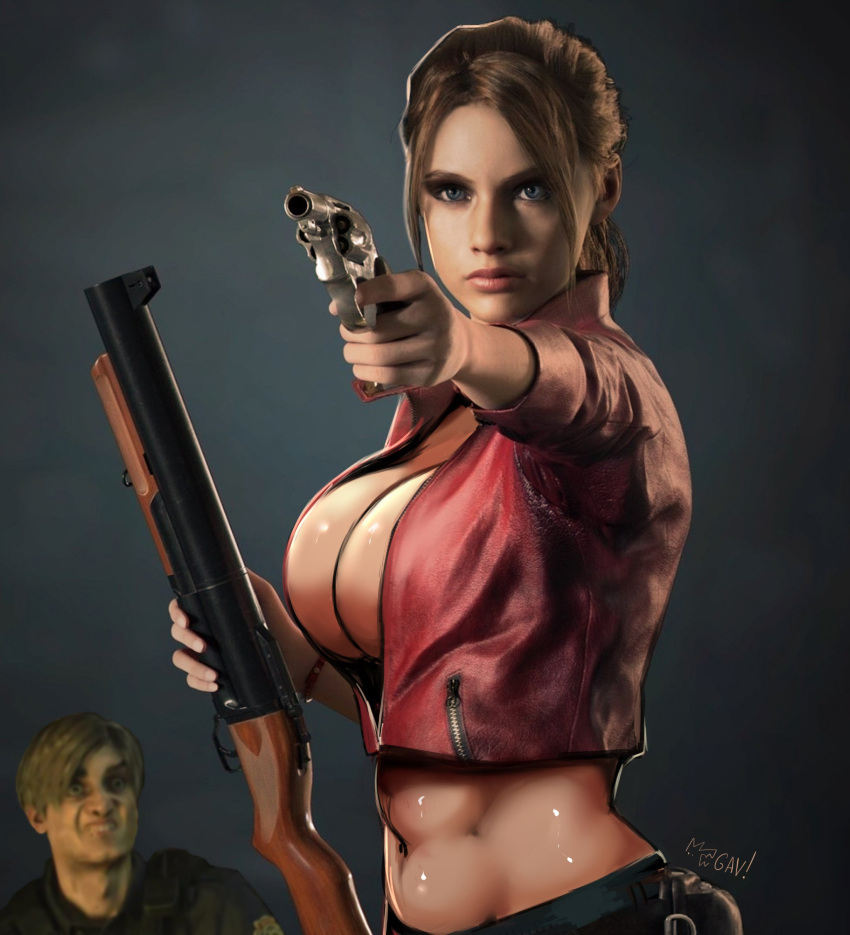 1girls abs aleksandrgav alternate_breast_size attacking_viewer big_breasts big_lips bimbo bimbofication biohazard breasts brown_hair bursting_breasts busty capcom claire_redfield claire_redfield_(jordan_mcewen) cleavage edit female female_focus firearm funny grenade_launcher gun handgun hourglass_figure human large_breasts leon_scott_kennedy lipstick overflowing_breasts puffy_lips resident_evil resident_evil_2 resident_evil_2_remake revolver rifle tagme weapon wide_hips