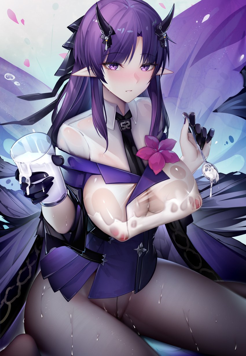 1girls arknights big_breasts big_thighs binggong_asylum black_legwear breasts busty cup female hibiscus_(arknights) huge_breasts huge_thighs large_breasts large_thighs legwear pantyhose purple_eyes purple_hair spoon thick_thighs thighs voluptuous zhixue