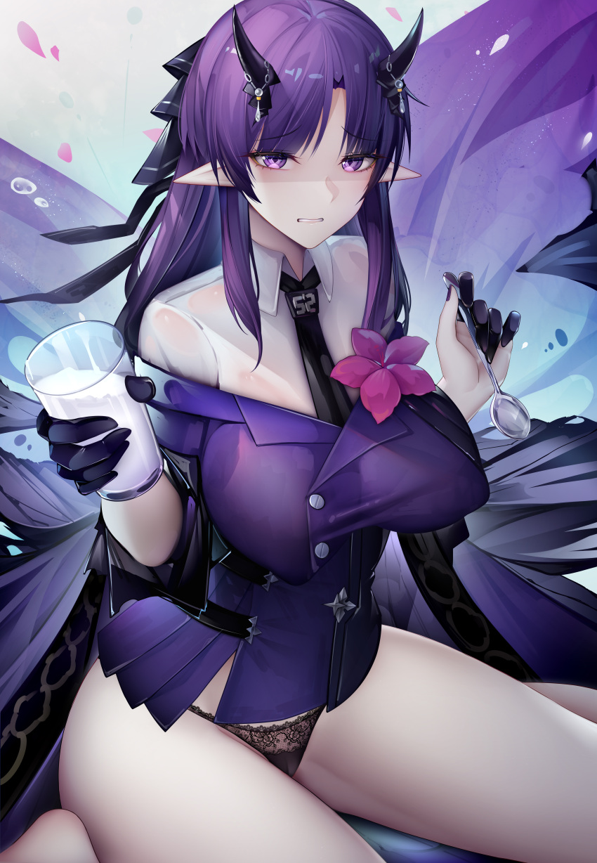 1girls arknights bare_legs big_breasts big_thighs binggong_asylum breasts busty cup female hibiscus_(arknights) huge_breasts huge_thighs large_breasts large_thighs purple_eyes purple_hair spoon thick_thighs thighs voluptuous zhixue