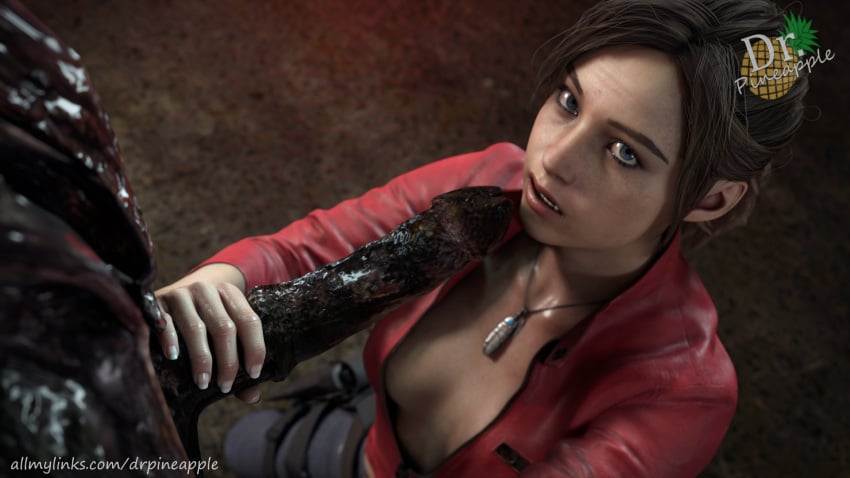 1girls 1monster 3d big_penis blowjob blue_eyes brown_hair capcom claire_redfield cleavage clothed clothed_female drpineapplestudios erection faceless_male female female_focus handjob interspecies large_penis leather_jacket long_penis looking_at_viewer looking_up male molded molded_(resident_evil) monster necklace no_bra open_mouth penis ponytail resident_evil resident_evil_2 resident_evil_2_remake solo_focus straight tied_hair