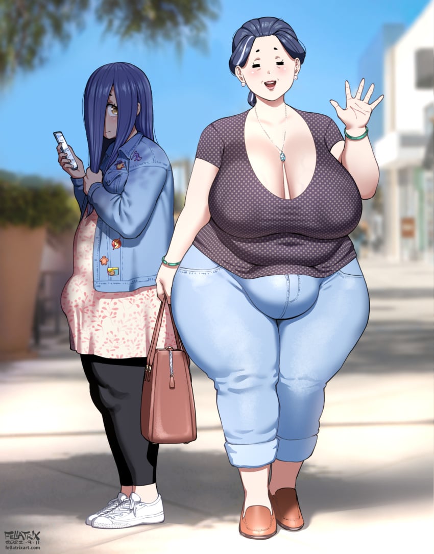 2girls age_difference artist_name artist_signature artist_website big_breasts blue_hair bracelet casual_clothes chiyo_(fellatrix) chubby chubby_female cleavage cute dated daughter demon denim denim_jacket eyes_closed fat fellatrix female female_only fully_clothed fupa green_bracelet hair hair_covering_eye hair_covering_face handbag happy hiding_face holding holding_bag holding_object holding_phone huge_fupa jacket large_breasts lipstick looking_at_viewer looking_to_the_side love_handles milf mio_(fellatrix) mother mother_and_daughter mouth_open nipple_bulge outdoors outside parent parent_and_child phone pins polka_dot polka_dot_clothing polka_dot_shirt public purple_hair sfw shoes shopping shy side_view sidewalk slippers standing tagme thick_thighs tramp_stamp veiny_breasts watermark waving waving_at_viewer wide_hips yellow_eyes