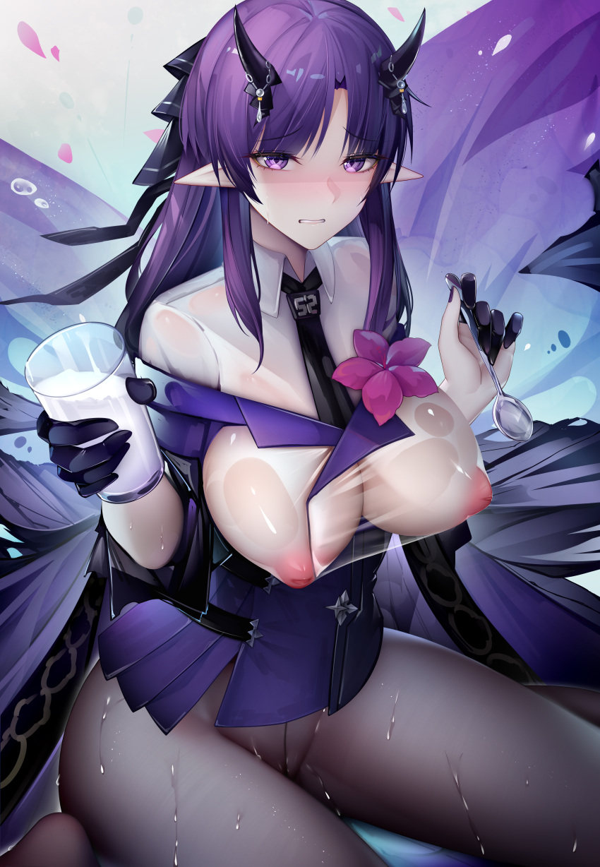 1girls arknights big_breasts big_thighs binggong_asylum black_legwear breasts busty cup female hibiscus_(arknights) huge_breasts huge_thighs large_breasts large_thighs legwear pantyhose purple_eyes purple_hair spoon thick_thighs thighs voluptuous zhixue