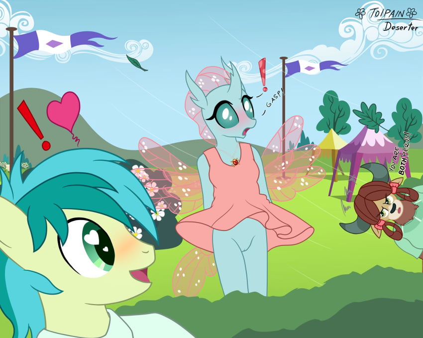 <3_eyes absurd_res anthro arthropod blush bovid bovine canopy changeling clothed clothing clothing_lift deserter_(artist) dialogue dress dress_lift earth_pony english_text equid equine exclamation_point female flag friendship_is_magic gasp genitals green_blouse group heart hi_res horse male mammal my_little_pony no_underwear ocellus_(mlp) pendant pink_clothing pink_dress pony pussy reformed_changeling sandbar_(mlp) spread_wings surprised_expression teenager text tolpain trio unamused wind wings yak yona_yak_(mlp) young