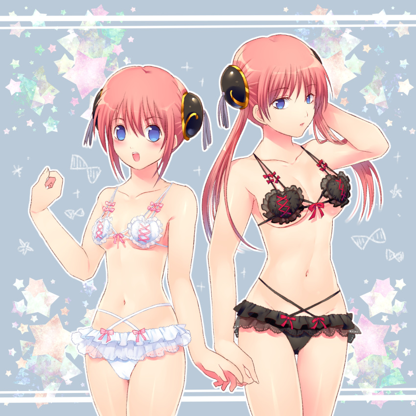 2girls aged_up alternate_costume black_bra black_panties blue_eyes blush bra bun_cover clone double_bun dual_persona female female_only ginkamiaki gintama hair_ornament kagura_(gintama) lace-trimmed_bra lace-trimmed_panties lace_trim lingerie long_hair looking_at_viewer medium_breasts multiple_girls open_mouth orange_hair panties small_breasts smile twintails underboob white_bra white_panties