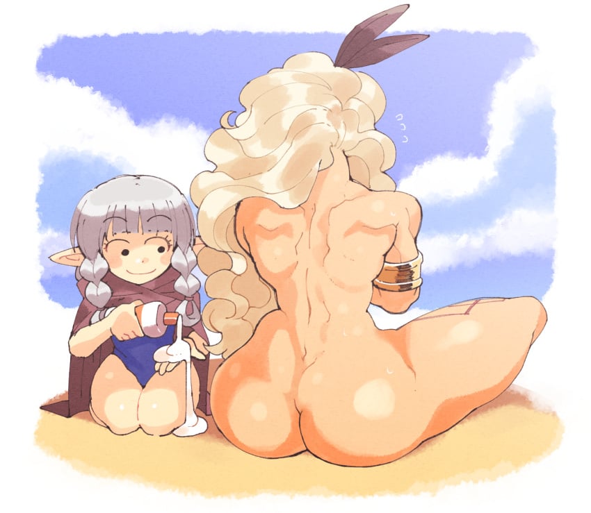 amazon_(dragon's_crown) ass ass_awe beach big_ass blonde_hair blunt_bangs blush bubble_butt butt_crack dragon's_crown elf_(dragon's_crown) female inkuusan lotion muscular_back muscular_female one-piece_swimsuit public public_nudity sand sitting sunscreen swimsuit twin_braids white_hair