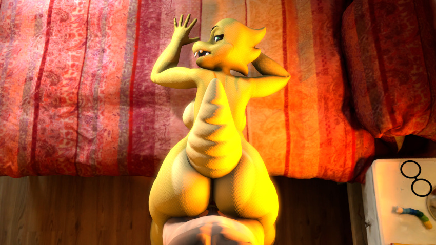 1boy 1boy1girl 1girls 3d 3d_(artwork) alphys anthro anus ass bed bedroom big_ass big_butt big_tail breasts doggy_style duo female female_focus from_behind from_behind_position glasses glasses_removed green_eyes hairless_pussy human human_on_anthro looking_at_viewer looking_back male male_pov on_bed open_mouth pov reptile reptile_humanoid sex source_filmmaker straight tail top_down_bottom_up undertale undertale_(series) unknown_artist vaginal_penetration wide_hips yellow_body