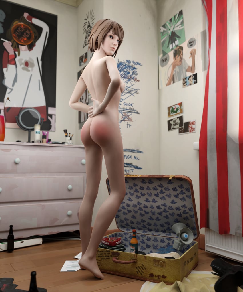 3d bare_ass bedroom blender brown_hair casual chloe's_bedroom cornertime discipline female femdom hands_behind_back highres human kinkblink life_is_strange max_caulfield naughty nude pale_skin punishment solo solo_female spank_marks spanked_butt spanking square_enix submissive suitcase video_games