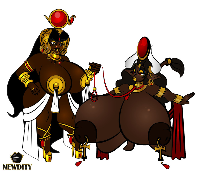 2girls ara big_breasts big_butt breasts brown_skin cow cow_ears dark-skinned_female dark_hair dark_nipples dark_skin dominant_female egypt egyptian egyptian_female egyptian_headdress egyptian_mythology female female_only full_cleavage gigantic_breasts hathorset horns hucow hyper_breasts large_breasts leash looking_at_another looking_at_partner looking_down massive_breasts minotaur minotaur_female newdity nipples nubian nude nude_female submissive submissive_female succubus tale_of_ebonee yellow_eyes