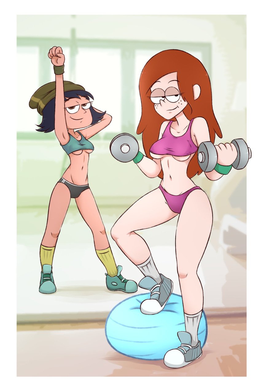 2girls ball belly belly_button crossover disney disney_channel disney_xd drawsoyeah dumbell exercise eyebrows_visible_through_hair female_focus freckles full_body fully_clothed gravity_falls gym hat hips janna_ordonia multiple_girls running_shoes short_hair smiling smiling_at_viewer smooth_skin socks sports_bikini sports_bra sportswear star_vs_the_forces_of_evil stretching sweatband thighs underboob wendy_corduroy