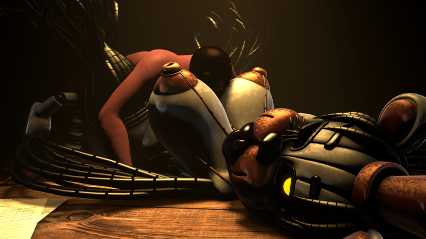 3d animatronic big_breasts female five_nights_at_freddy's freddy_fazbear's_pizzeria_simulator molten_freddy on_table purple_skin source_filmmaker straight yellow_eyes