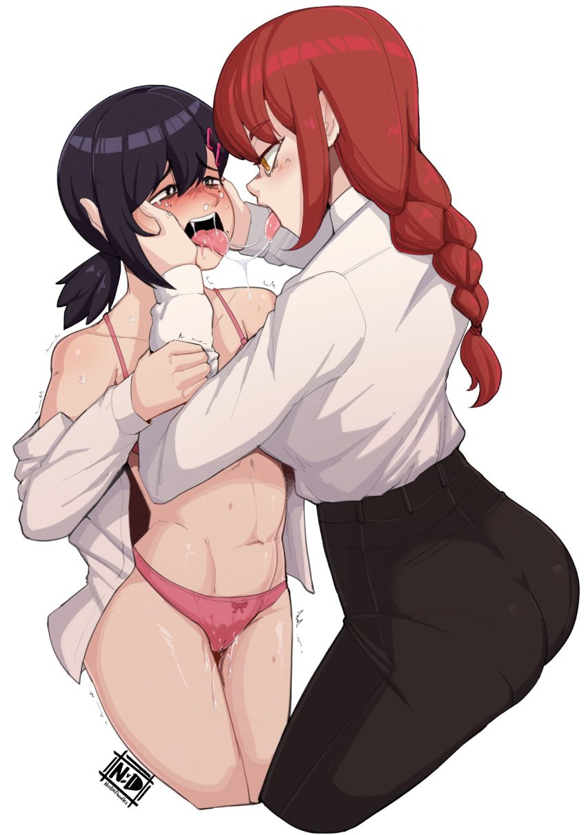 2girls after_kiss age_difference ass black_hair blush bow_panties bra braided_hair chainsaw_man crying curvy duo female female_only femdom femsub forced higashiyama_kobeni lezdom makima_(chainsaw_man) mature_female mature_woman multiple_girls nudiedoodles office_clothing older_female open_mouth panties pink_pants power_imbalance red_hair saliva saliva_trail shirt_tucked_in short_hair standing tears thick_ass thick_thighs tight_clothing tight_pants tongue_kiss tucked_shirt undressing visible_breath wet_panties wide_hips younger_female yuri