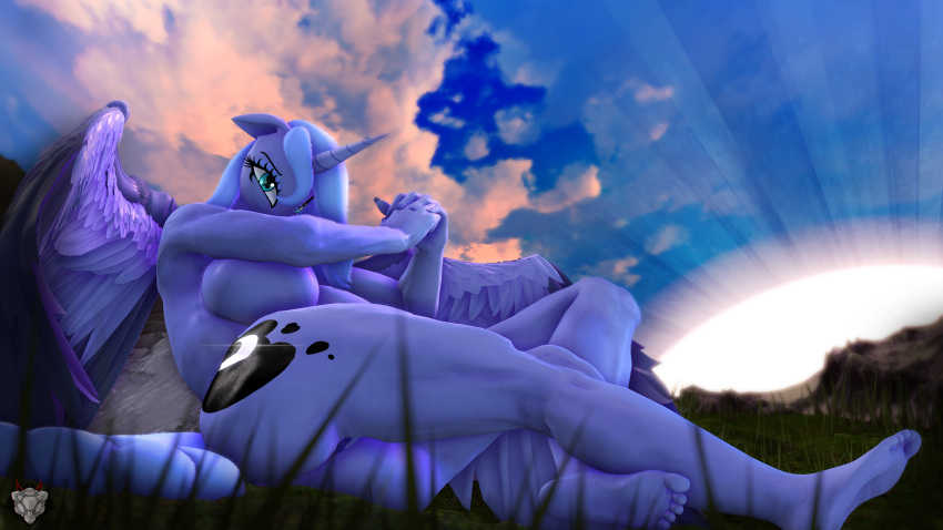 3d_(artwork) absurd_res alicorn anthro anthrofied ass big_breasts big_butt blue_body blue_feathers breasts digital_media_(artwork) equid equine feathers female friendship_is_magic genitals hasbro hi_res horn mammal my_little_pony naughty_cube nude princess_luna_(mlp) pussy solo wings