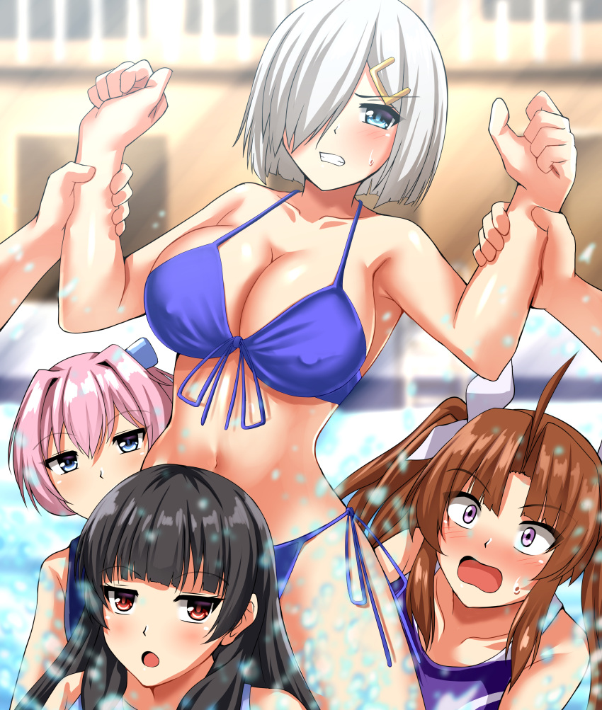 2022 4girls arm_grab arms_up bikini blue_bikini blue_eyes blush breasts hair_ornament hair_over_one_eye hamakaze_(kantai_collection) kantai_collection multiple_girls navel on_shoulders short_hair side-tie_bikini tagme wet white_hair zanntetu