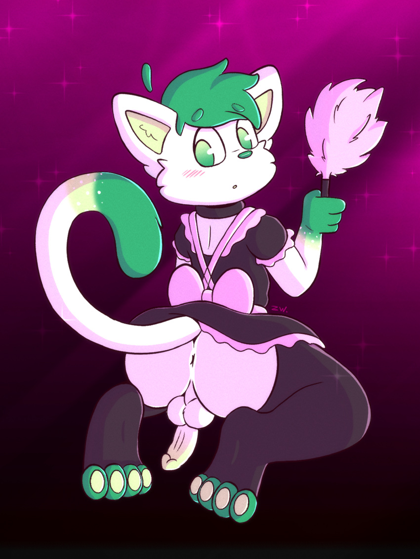 anthro anus ass balls blush blush_lines clothed clothing collar domestic_cat erection felid feline felis fur genitals girly hi_res legwear looking_back maid_uniform male mammal nude pawpads paws penis presenting presenting_anus reddy_cat sextember solo testicles uniform wolfyzeeb