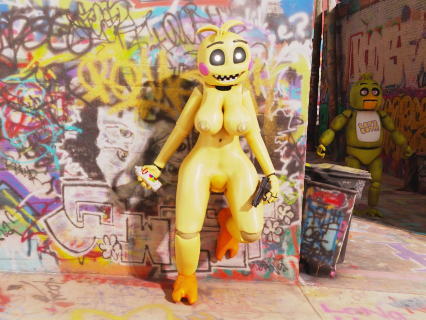 3d alley chica_(fnaf) five_nights_at_freddy's fnaf public spray_can spray_paint super_elon