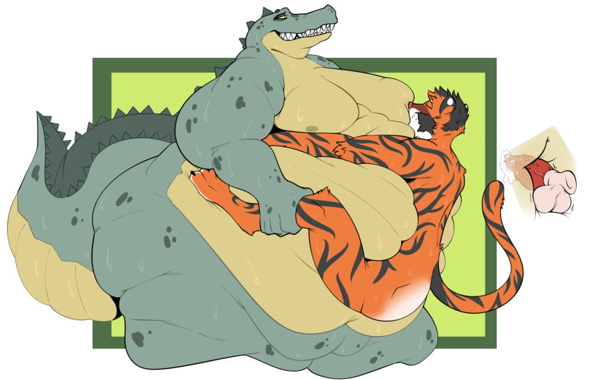 alligator alligatorid anthro ass balls_deep belly_fucking big_butt bodily_fluids caring crocodilian duo electro_tiger felid hi_res leg_grab looking_pleasured male male/male mammal moob_suck obese overweight pantherine penetration reptile scalie size_difference smokii sweat thick_tail tiger