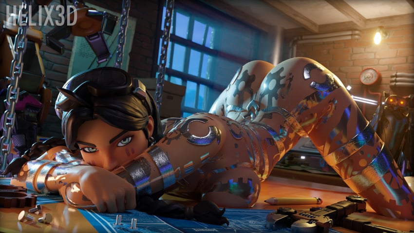 3d black_hair blender face_down_ass_up fortnite helix3d jules_(fortnite) nude scrapknight_jules_(fortnite) tattoos twintails