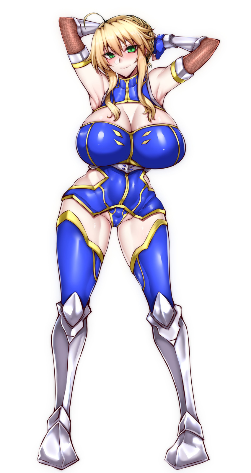 1girls 2022 ahoge armored_boots armpits arms_behind_head arms_up artoria_pendragon artoria_pendragon_(lancer) blonde_hair blue_clothing breasts cleavage cleavage_cutout fate/grand_order fate_(series) female female_only gauntlets gggg greaves green_eyes hips huge_breasts light-skinned_female light_skin slim_waist smile taimanin_(series) taimanin_suit thick_thighs thighhighs thighs wide_hips