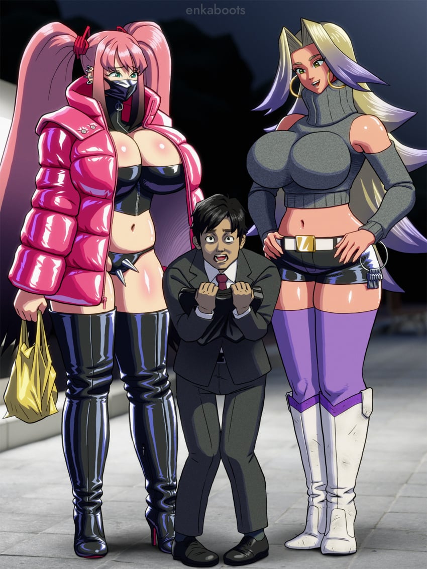 1boy 2d 2girls big_breasts black_boots boots breasts business_man cleavage enkaboots femdom height_difference high_heel_boots high_heels huge_breasts jacket looking_down mask mini_giantess multiple_girls piercing pink_hair shorter_male size_difference tall_female taller_girl thick_thighs thigh_boots thighhigh_boots twintails two_tone_hair white_boots