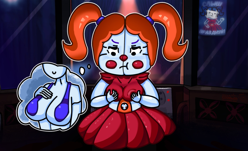 1girls 2022 2d 2d_(artwork) animatronic ass baby_(fnafsl) ballerina ballora ballora_(fnafsl) big_breasts breast_envy breast_grab breasts circus_baby circus_baby_(fnaf) clothed clothing clown clown_girl color colored female female_focus five_nights_at_freddy's five_nights_at_freddy's:_sister_location flashing fnaf grabbing_own_breast humanoid large_breasts lenny_face machine masturbation mr_coomblsh open_mouth pout pouting red_hair red_shirt red_skirt redraw robot robot_girl rosy_cheeks russian_text scottgames sister_location skirt solo solo_female solo_focus standing tagme text thought_bubble twintails