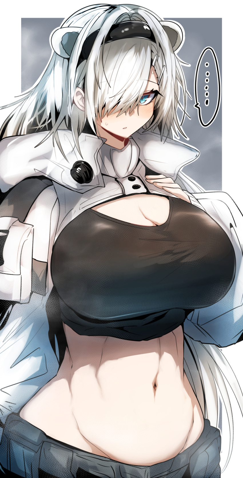 animal_ears aqua_eyes arknights aurora_(arknights) black_hairband blue_eyes breasts cleavage female gin_moku hair_ornament hair_over_one_eye hairband highres jacket large_breasts long_hair looking_at_viewer midriff navel solo steam upper_body white_hair white_jacket