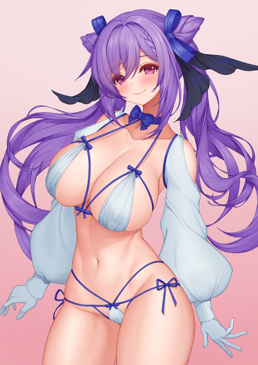 1girls 2022 bikini blush breasts cleavage detached_sleeves female female_only genshin_impact hi_res hips huge_breasts keqing_(genshin_impact) light-skinned_female light_skin long_hair pinkcap purple_eyes purple_hair slim_waist smile thick_thighs thighs white_bikini wide_hips