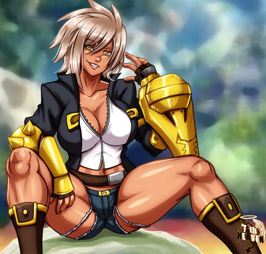 1girls 7th-heaven arc_system_works big_breasts blazblue blazblue:_chronophantasma bullet_(blazblue) clothed cream_hair dark-skinned_female dark_skin looking_at_viewer pinup pinup_pose smile smiling thick_thighs torn_jeans torn_pants