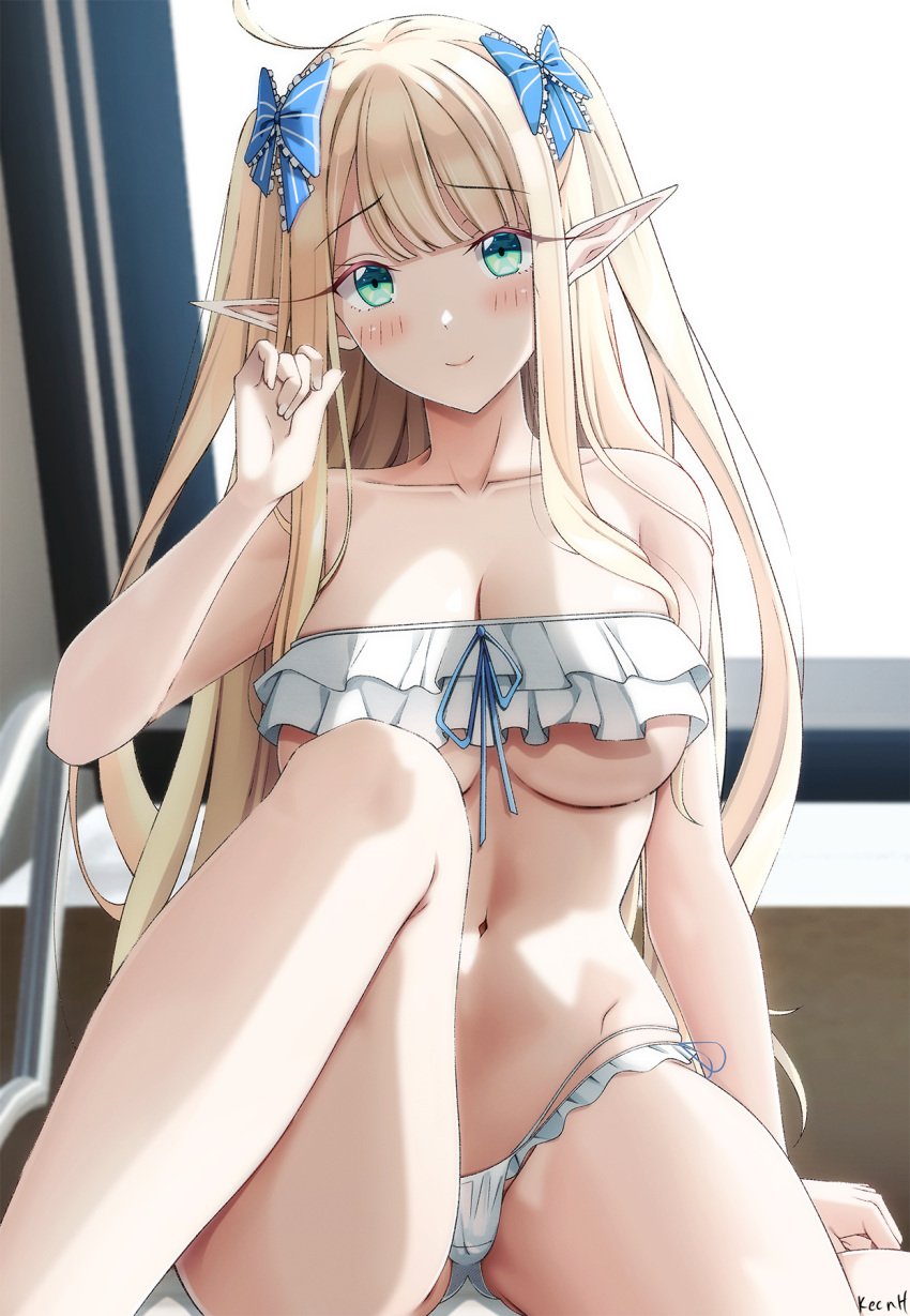 1girls azur_lane bikini blonde_hair breasts centaur_(azur_lane) centaur_(beachside_undine)_(azur_lane) elf female green_eyes hair_ribbon hand_up highres keenh knee_up large_breasts light-skinned_female light_skin looking_at_viewer navel pointy_ears ribbon royal_navy_(azur_lane) smile solo swimsuit underboob white_bikini