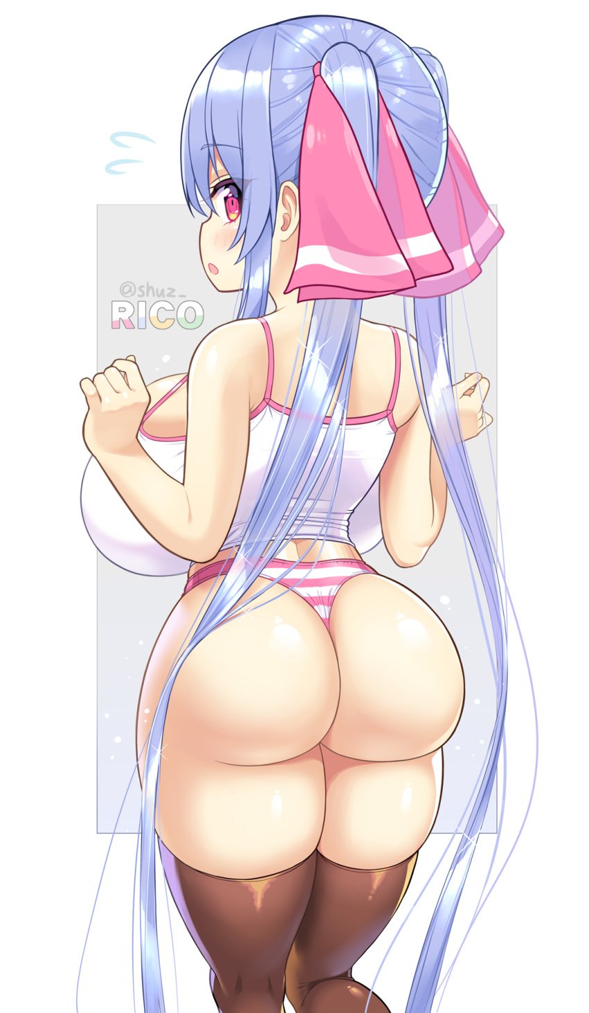 1girls ass backboob big_ass big_breasts big_butt bimbo blue_hair blush breasts bursting_breasts butt cleavage curvy cute female huge_ass huge_breasts large_ass large_breasts legs long_eyelashes looking_at_viewer looking_back original panties pink_eyes pink_ribbon ribbon riko_(shuz) shirt shortstack shuz_(dodidu) solo strap_gap striped_panties thick_thighs thighhighs thighs twintails underwear white_background