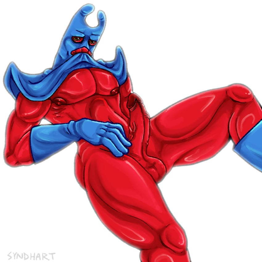 1boy balls boots erection gloves lifted_shirt looking_at_viewer male male_only man_ray mask muscular muscular_male nipples partially_clothed pecs penis precum showing_off smooth_skin solo spongebob_squarepants syndhart