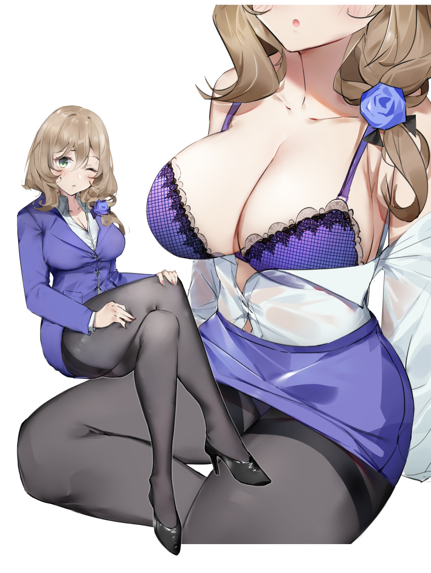 1girls 2020 big_breasts black_pantyhose blush bra breasts brown_hair cleavage clothed clothed_female clothing collarbone crossed_legs female female_focus female_only frilled_bra genshin_impact green_eyes lisa_(genshin_impact) looking_at_viewer milf office_lady one_eye_closed pantyhose simple_background solo solo_female thick_thighs thighs undressed white_background yztp