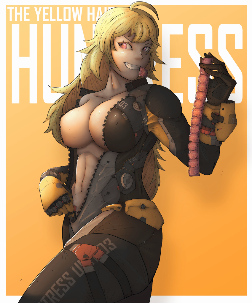 1girls backflipsantoso blonde_hair breasts muscular muscular_female rwby unzipped_bodysuit yang_xiao_long