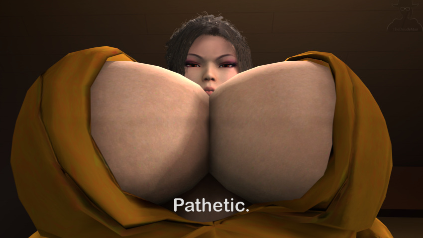 1girls 3d belly breast_smother breasts breasts_in_face brown_hair bulging_breasts bursting_breasts busty cleavage cleavage_overflow cute english_text exposed_breasts exposed_nipples gigantic_breasts huge_breasts hyper_breasts jacket large_breasts laying_on_lap looking_at_viewer looking_down meme nipples open_jacket pathetic pathetic_(meme) pov sitting smothering solo source_filmmaker text theduudeman tight_clothing unamused wardrobe_malfunction