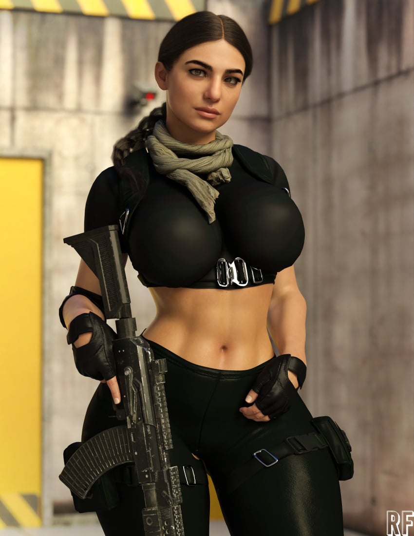 1boy 3d absurd_res afghan breasts call_of_duty call_of_duty_modern_warfare call_of_duty_modern_warfare_2 claudia_doumit farah_karim female female_only hi_res large_breasts looking_at_viewer middle_eastern middle_eastern_female midriff modern_warfare modern_warfare_(2019) persian_female rude_frog solo weapon wide_hips