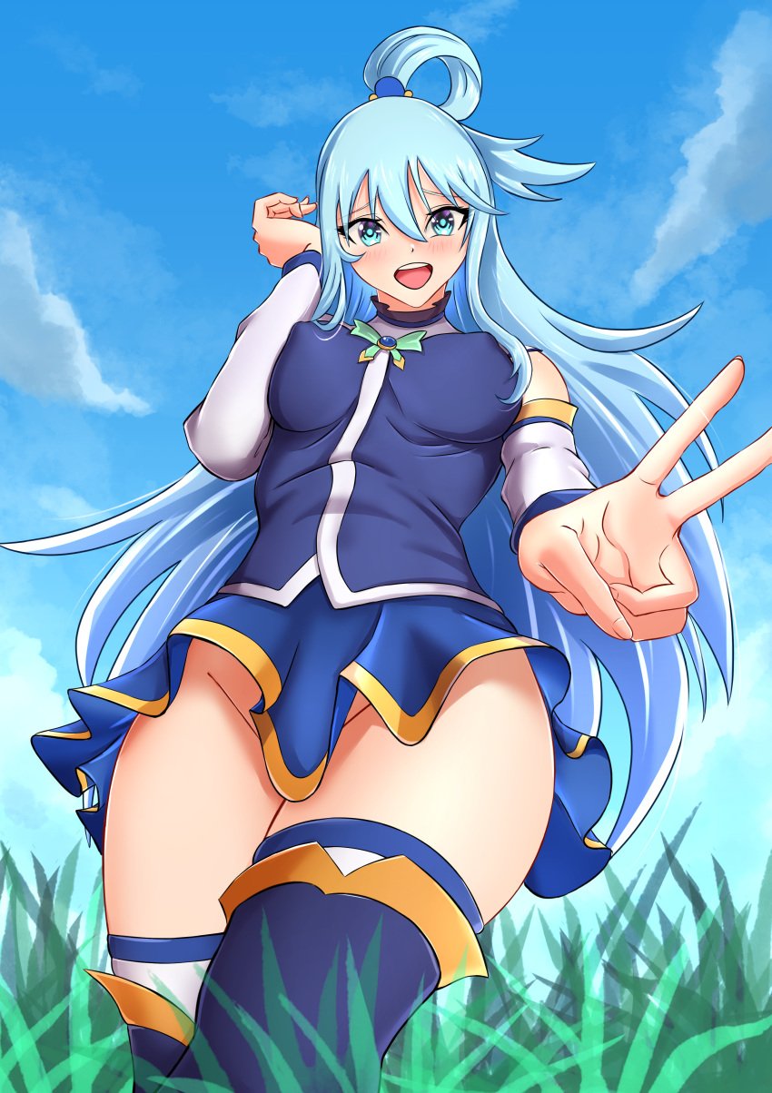 1girls aqua_(konosuba) breasts elpipe3000 hair_bun kono_subarashii_sekai_ni_shukufuku_wo! large_breasts looking_at_viewer solo