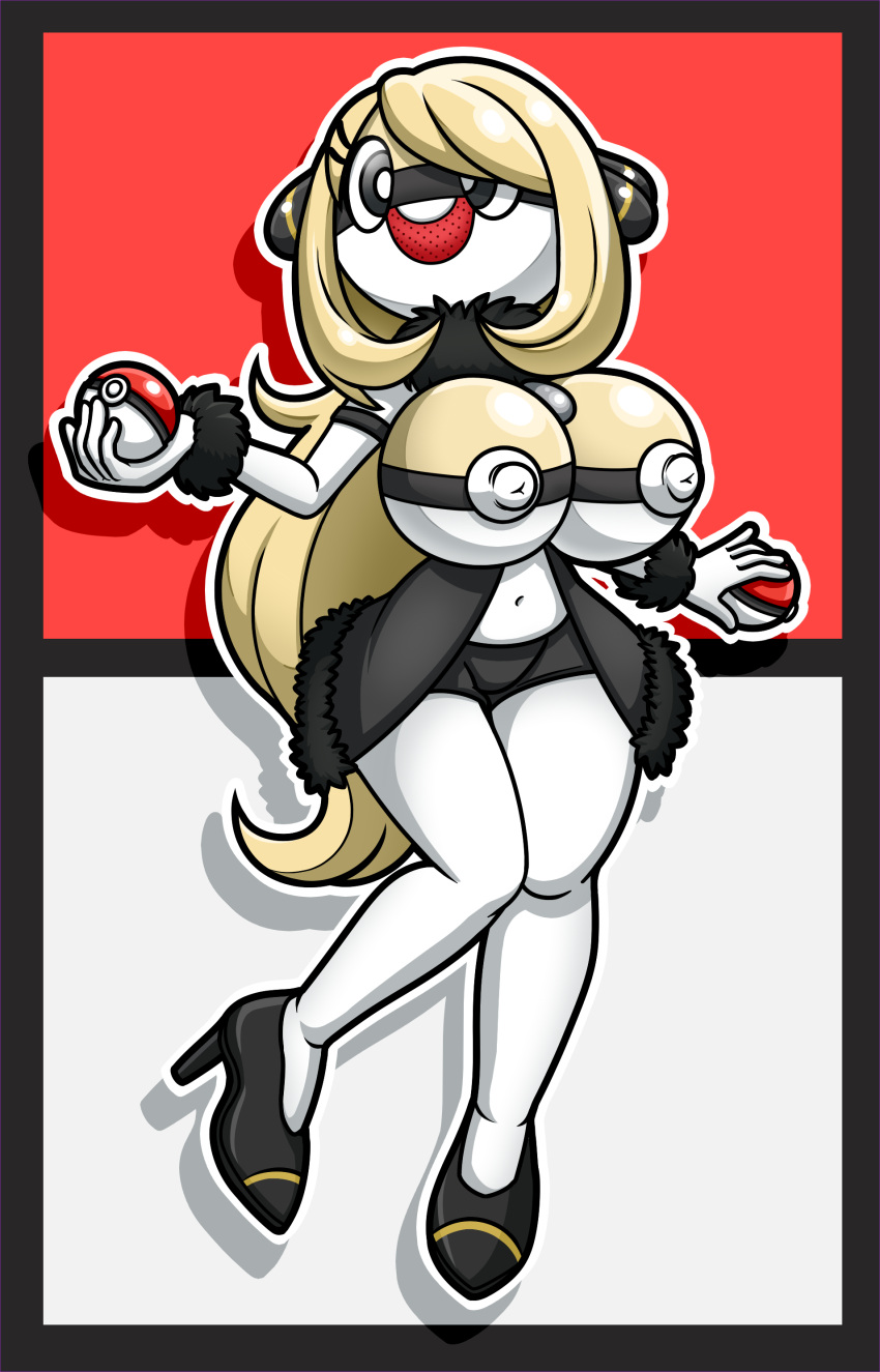 areola areolae ball_gal_(pokemon) big_breasts black_eyes blonde_hair clothed clothed_female clothing cynthia_(pokemon) female female_focus female_only hair_ornament high_heels holding_poke_ball holding_pokeball huge_breasts implied_transformation long_blonde_hair long_hair navel nipples npc_trainer poke_ball pokeball pokemon post_transformation short_shorts shorts thick_thighs topless topless_female transformation white_areola white_areolae white_nipples white_skin wide_hips xxcloneyxx