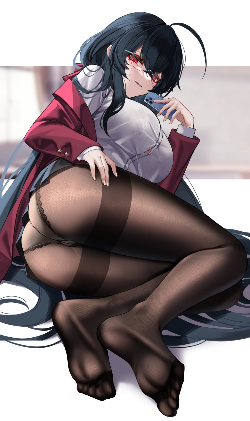 1girls 2022 absurdres ahoge ass azur_lane bangs black_hair black_skirt blue_skirt bra_visible_through_clothes breasts brown_pantyhose cellphone chinese_commentary commentary dress_shirt eternity_(shadeh) feet female female female_focus female_only floral_print foot_focus full_body glasses hair_between_eyes highres holding holding_phone jacket large_breasts layered_sleeves long_hair long_sleeves looking_at_viewer nail_polish no_shoes official_alternate_costume open_clothes open_jacket panties panties_over_pantyhose pantyhose parted_lips phone pleated_skirt red_eyes red_jacket revision school_uniform shirt skirt smartphone solo solo_female taihou_(azur_lane) taihou_(sweet_time_after_school)_(azur_lane) thighband_pantyhose underwear very_long_hair white_nails white_shirt