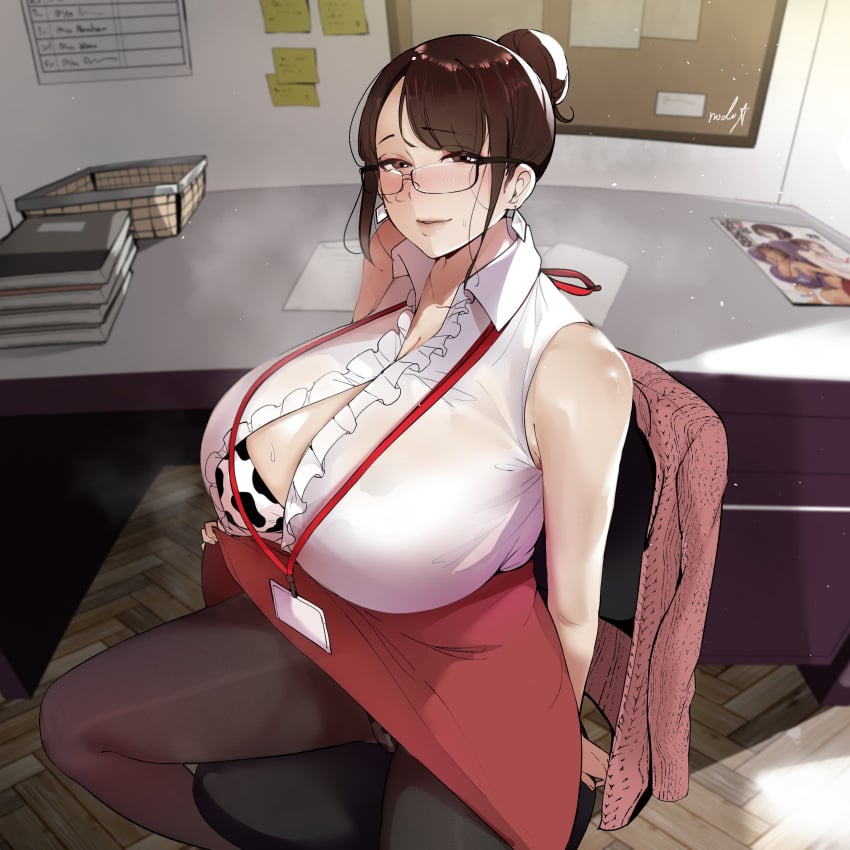 1girls 2022 blush breasts brown_hair cleavage clothed clothed_female female female_only hips huge_breasts light-skinned_female light_skin looking_at_viewer massive_breasts mature_female milf namhorm_(puzenketsu) original original_character puzenketsu teacher thick_thighs thighs tied_hair wide_hips