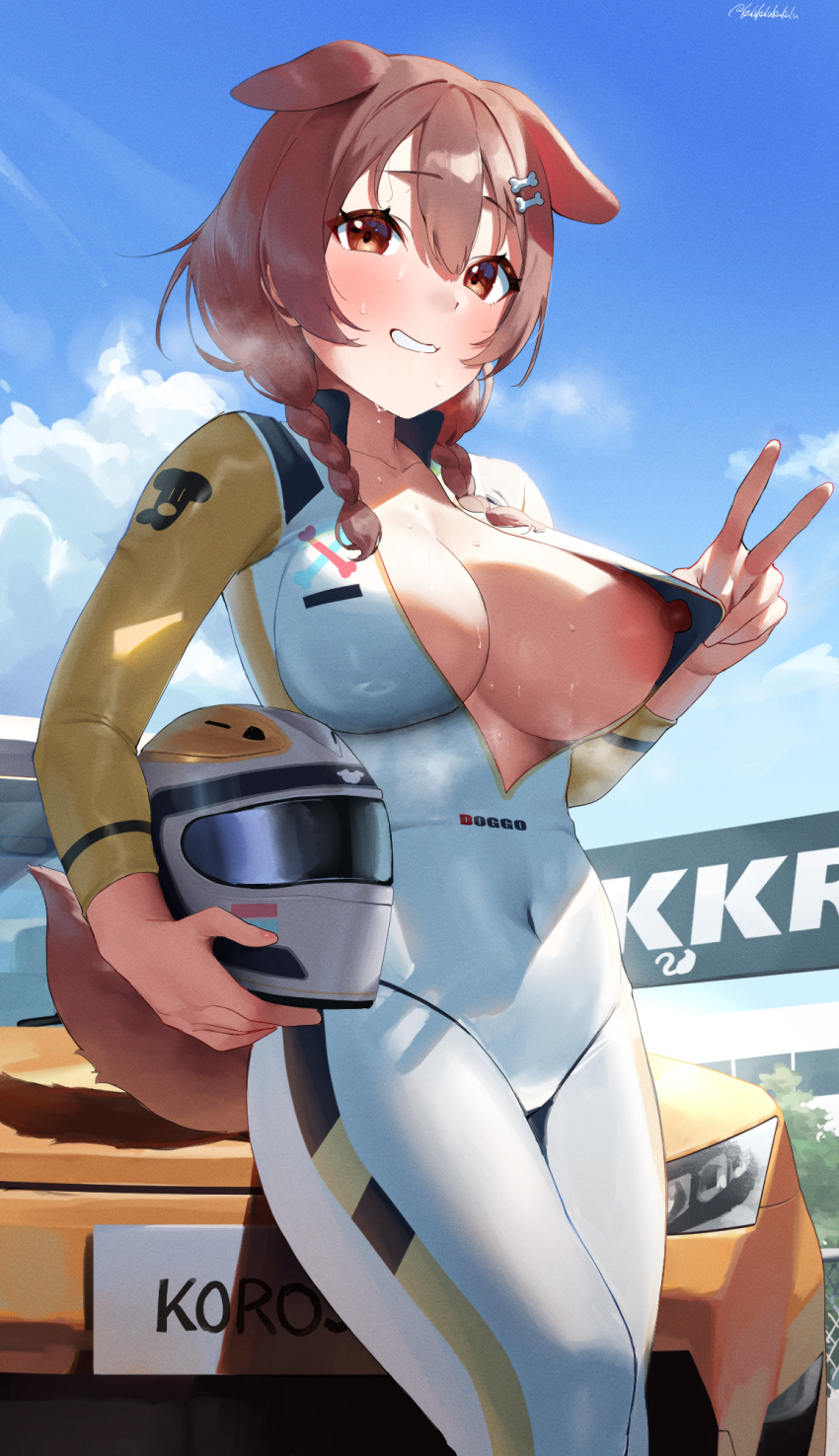 1girls 2022 animal_ears breasts brown_eyes brown_hair dog_ears dog_girl female female_only frikulu helmet hi_res hips holding_object hololive hololive_gamers hololive_japan huge_breasts inugami_korone light-skinned_female light_skin outdoors peace_sign racing_suit short_hair slim_waist smile sweat sweaty_body thick_thighs thighs unzipped_bodysuit virtual_youtuber wide_hips