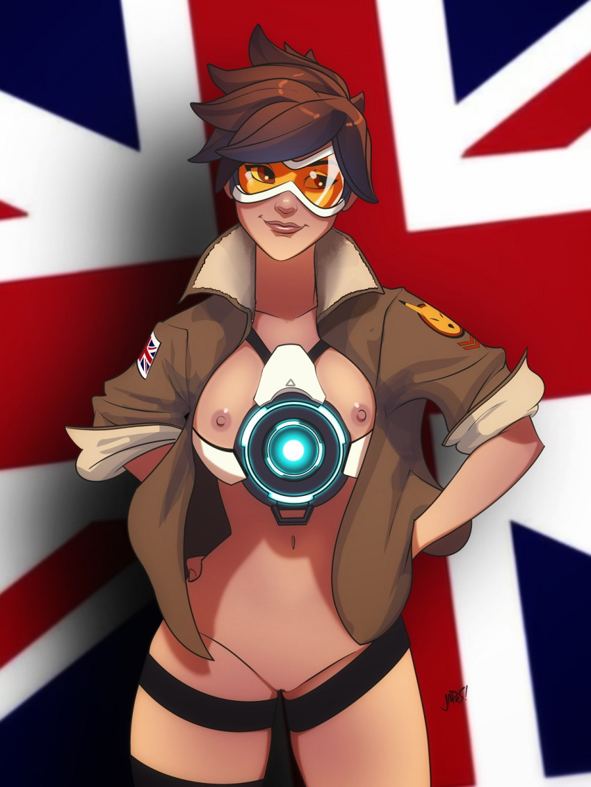 1girls blizzard_entertainment bottomless breasts british brown_eyes female female_only goggles jacket jacket_only japes keaton_mask leather_jacket lena_oxton looking_to_the_side medium_breasts nipples open_jacket overwatch pinup pussy shaved_crotch shaved_pussy short_hair smile solo spiky_hair tomboy tracer union_jack vagina visor