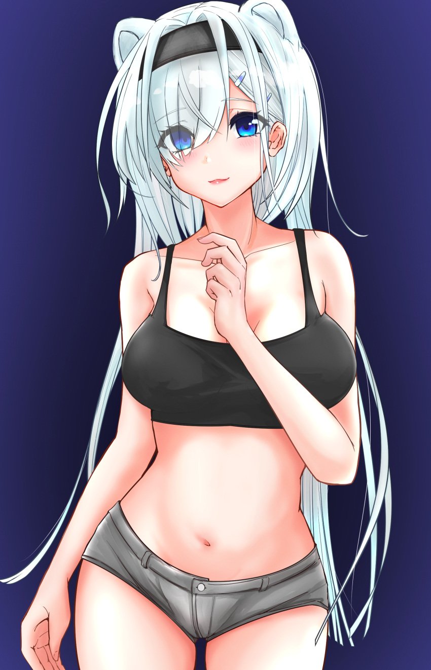 1girls :3 absurdres animal_ears aoe_(tiranporan) arknights aurora_(arknights) bangs bare_arms bare_shoulders bear_ears black_hairband blue_background blue_eyes breasts camisole collarbone commentary_request cowboy_shot crop_top eyebrows_visible_through_hair female grey_shorts hair_over_one_eye hairband hand_up highres large_breasts long_hair looking_at_viewer micro_shorts midriff navel partial_commentary pink_lips shorts smile solo spaghetti_strap sports_bra standing stomach very_long_hair white_hair