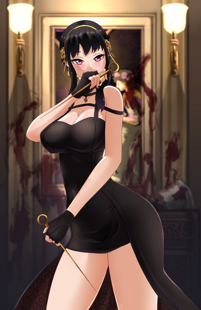 1girls assassin blood breasts china_dress chinese_clothes drinking earrings elpipe3000 female_human hair_bun horn human large_breasts looking_at_viewer mature_female pale-skinned_female qipao see-through see-through_clothing solo spy_x_family stiletto_(weapon) thick_thighs thorn_princess white_hair yor_briar yor_forger