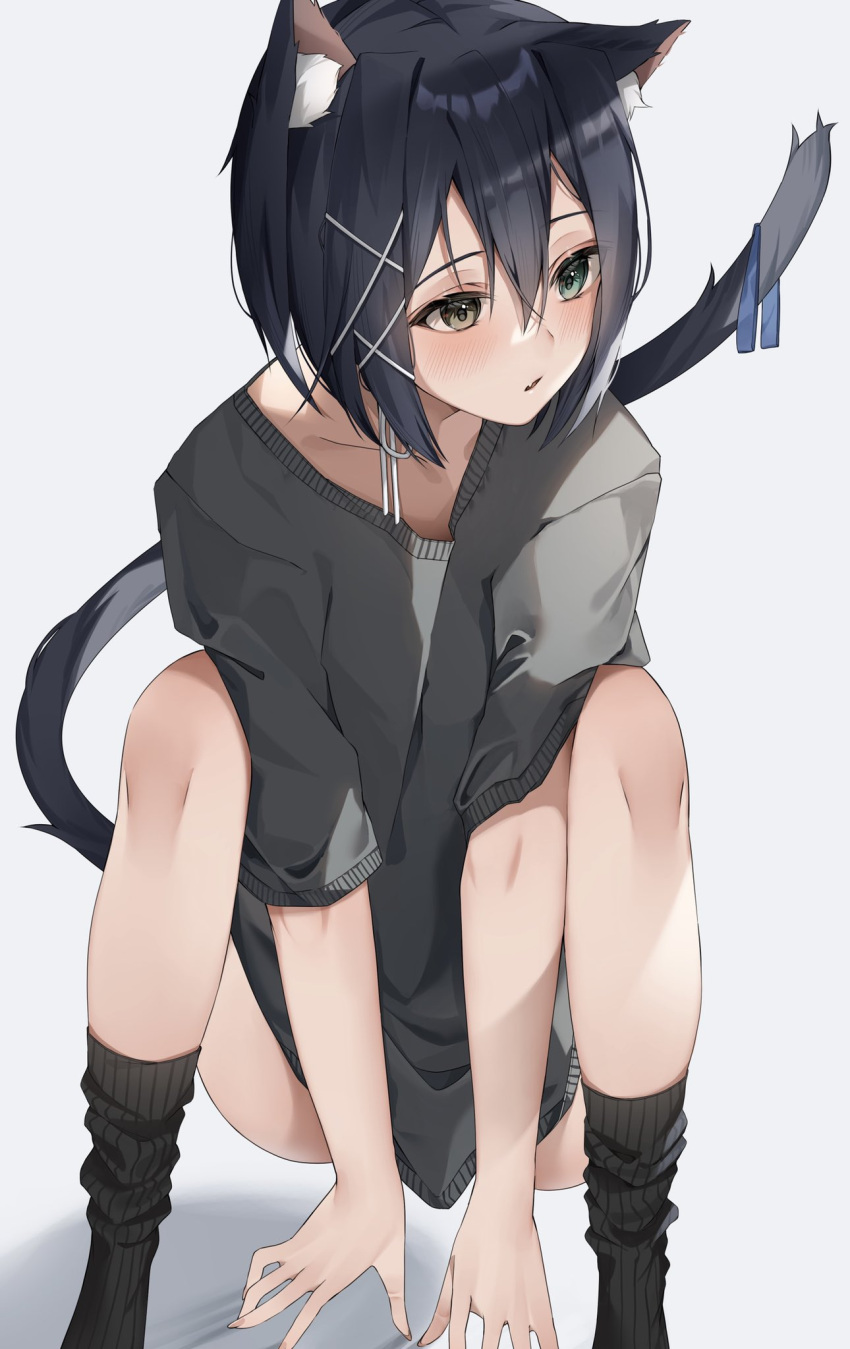 anthro arms_between_legs awaki224 baggy_clothing baggy_shirt black_hair blush bottomless cat_ears cat_tail catgirl crouch crouching crouching_female ear_tuft female female_focus female_only feral hair_ribbon heterochromia legs_apart loose_clothes loose_socks open_mouth oversized_clothes oversized_shirt pose posing shirt_only socks thighs