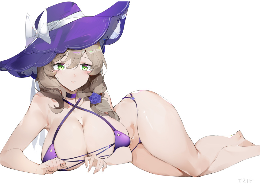 1girls 2021 alternate_version_available artist_name big_breasts bikini bikini_bottom bikini_top breasts brown_hair cleavage eyebrows eyebrows_visible_through_hair female female_focus female_only genshin_impact green_eyes hat lisa_(genshin_impact) low-tied_long_hair lying lying_on_side purple_bikini purple_bikini_bottom purple_bikini_top purple_hat simple_background solo solo_female thick_thighs thighs white_background yztp