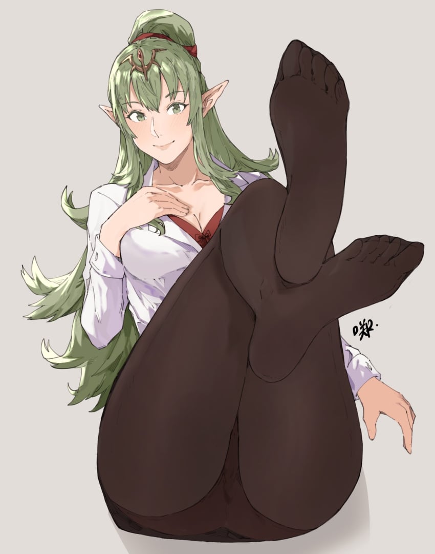 1girls alternate_costume bangs bra breasts closed_mouth crossed_legs english_commentary feet female female_only fire_emblem fire_emblem_awakening foot_focus foreshortening full_body green_eyes green_hair hair_ornament hand_on_own_chest highres jewelry large_ass long_hair long_sleeves looking_at_viewer medium_breasts nintendo no_shoes office_lady pantyhose pointy_ears ponytail presenting_foot red_bra ribbon sakuremi shirt simple_background smile soles solo tiara tiki_(adult)_(fire_emblem) tiki_(fire_emblem) toes underwear white_shirt