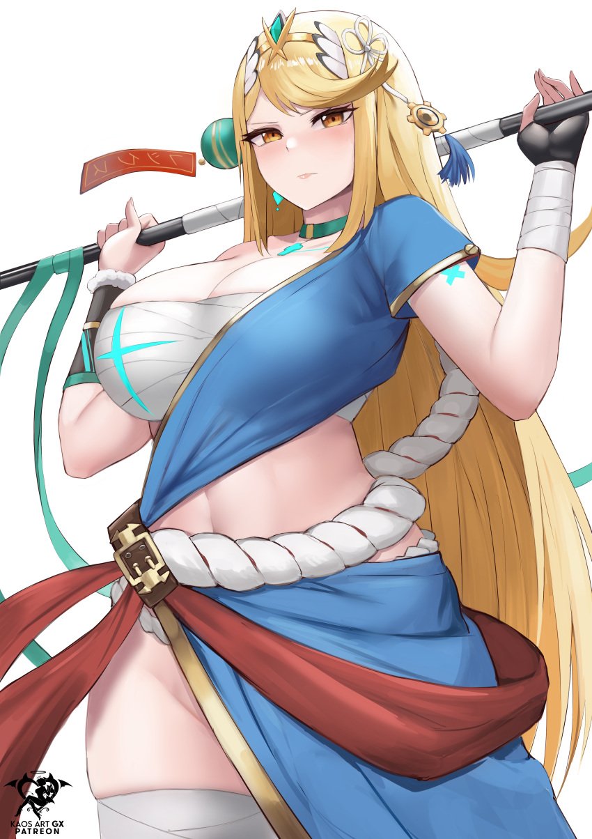 1girls 2022 absurdres alternate_costume bangs blonde_hair blush breasts chest_jewel cleavage clothed clothed_female cosplay female female_only fire_emblem fire_emblem_heroes gem gold_eyes headpiece hi_res highres hips huge_breasts kaos_art large_breasts light-skinned_female light_skin long_hair looking_at_viewer lyn_(fire_emblem) lyn_(fire_emblem)_(cosplay) mythra mythra_(xenoblade) nintendo simple_background slim_waist solo swept_bangs thick_thighs thighs tiara very_long_hair wide_hips xenoblade_(series) xenoblade_chronicles_2 yellow_eyes