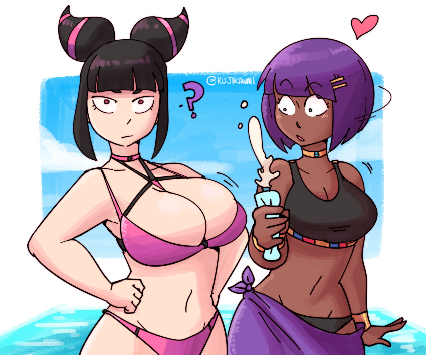 2girls asian asian_female big_breasts black_hair bob_cut breast_awe breasts capcom dark-skinned_female dark_skin egyptian female female_only green_eyes huge_breasts juri_han korean kujikawaii light-skinned_female lotion lotion_bottle menat pink_highlights purple_hair red_eyes shiny_breasts shiny_skin squirting_bottle staring staring_at_breasts street_fighter street_fighter_v super_street_fighter_iv surprised swimsuit yuri