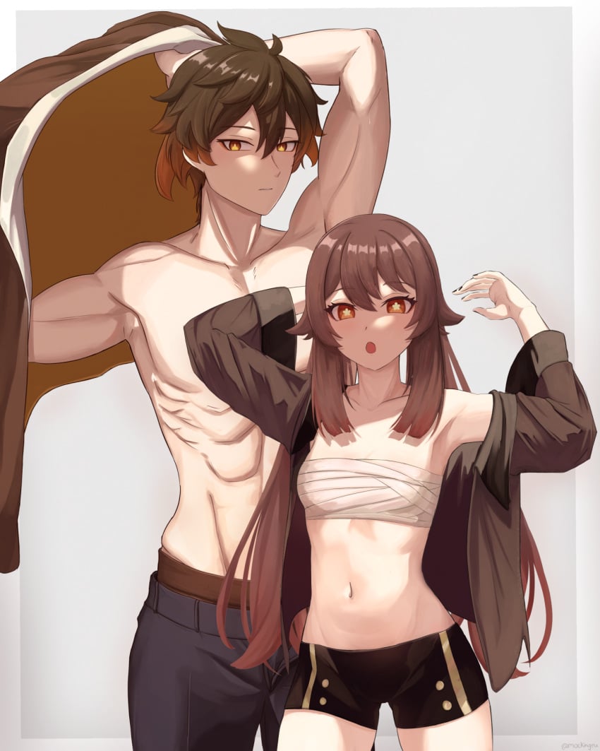 1boy 1boy1girl 1girls :o abs bandages bangs black_hair black_nails black_shorts blush breasts brown_hair chest_sarashi coat diamond-shaped_pupils diamond_(shape) eyeliner eyeshadow female flat_chest flower-shaped_pupils genshin_impact gradient_hair hair_between_eyes hands_up highres hu_tao_(genshin_impact) long_hair long_sleeves looking_at_viewer makeup mockingeu multicolored_hair navel not_porn open_mouth pants red_eyes red_eyeshadow sarashi shadow shorts signature simple_background small_breasts standing symbol-shaped_pupils toned toned_male twintails undressing yellow_eyes zhongli_(genshin_impact)