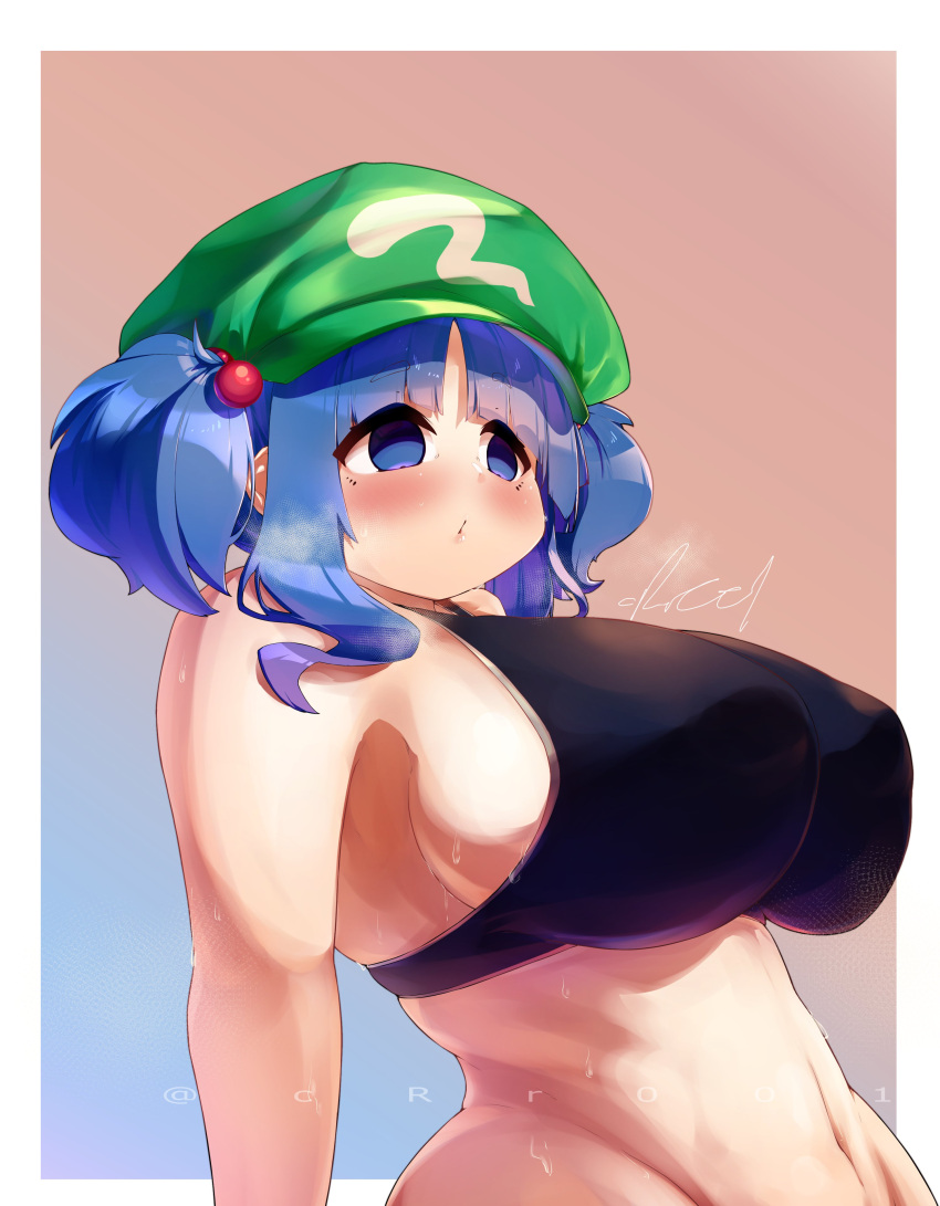 1girls big_breasts black_tank_top blue_eyes blue_hair blush breasts clothed clothing crr001 female female_only fully_clothed human light-skinned_female light_skin nitori_kawashiro short_hair solo solo_female tagme tank_top touhou twintails